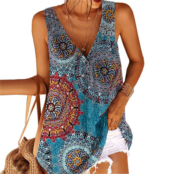 

spring and summer women printed v-neck button sleeveless tank, White