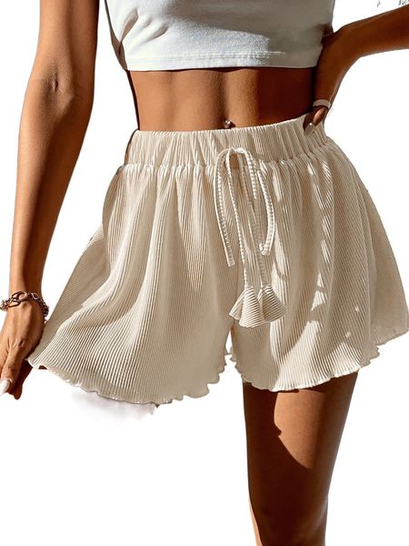 

petite tie front lettuce trim wide leg shorts y586#, White;black