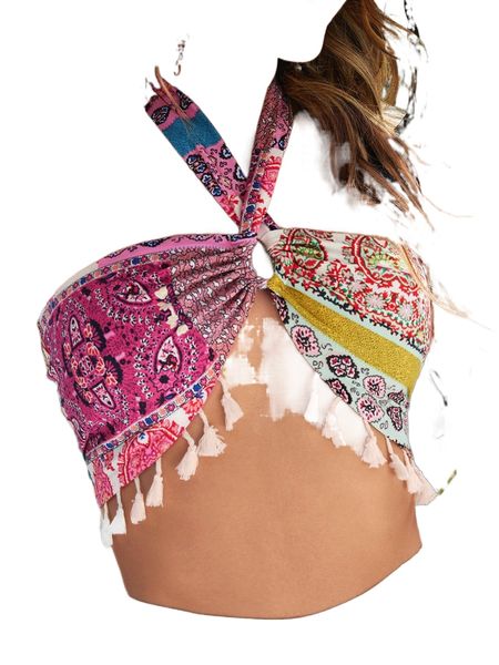 

patchwork print tie backless tassel trim halter q41o#, White