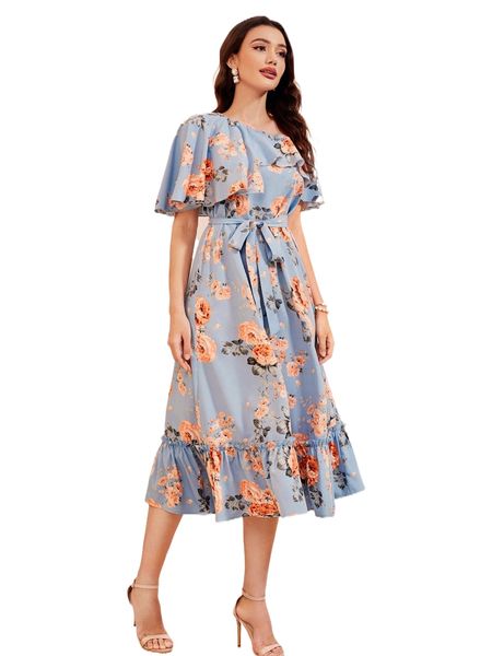 

floral print asymmetrical neck ruffle trim belted dress j58i#, Black;gray