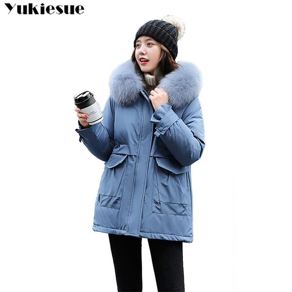 

women s down jacket winter loose mid long warm coats cotton padded arka large faux fur collar glossy outwear female plus size 210412, Black