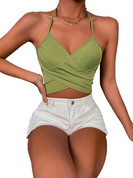 

wrap cross tied backless rib-knit halter x77i#, White