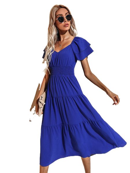 

shirred waist ruffle hem dress v1kw#, Black;gray