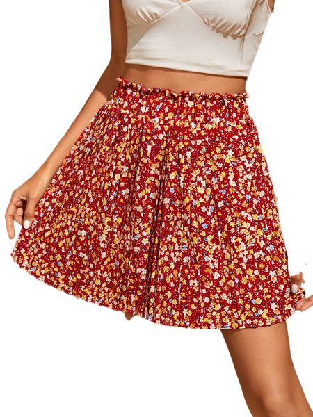 

ditsy floral print paperbag waist pleated skirt l3na#, Black