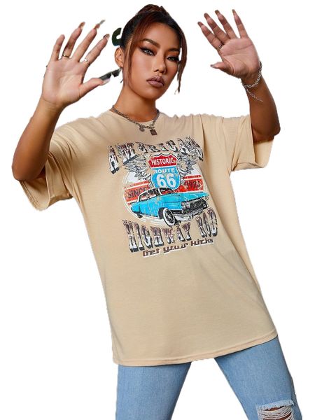 

car & letter print drop shoulder tee k6bk#, White