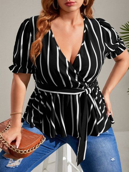 

plus vertical striped flounce sleeve belted blouse z1ki#, Black