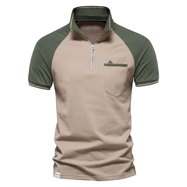 Yaz Erkek Gömlek Twocolor Dikiş Fermuarı Stand Yakası Kısa Kollu Pamuk Pamuk Sıradan Nefes Alabilir Spor Tshirt 220708