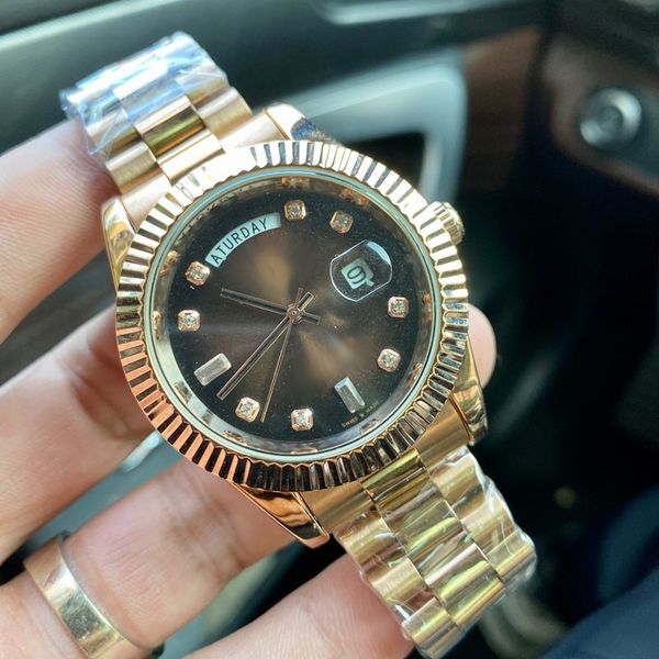 

father's day gift mens watches luxury brand daydate watch japanese quartz movement diamond dial business wristwatches for men stainless, Slivery;brown