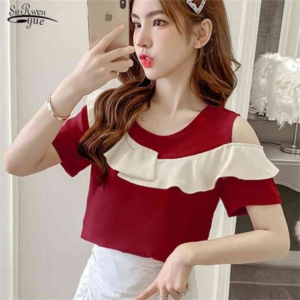 

blusas summer short sleeve solid chiffon blouse o-neck shirts women off-shoulder ruffle splice lady clothing 10217 210421, White