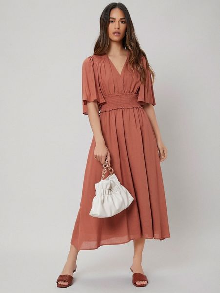 

motf premium linen flowy flutter sleeve dress v1is#, Black;gray