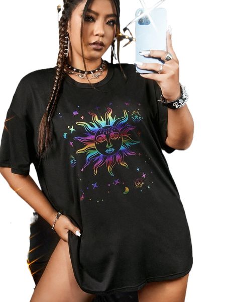 

plus sun & moon print drop shoulder tee u61z#, Black