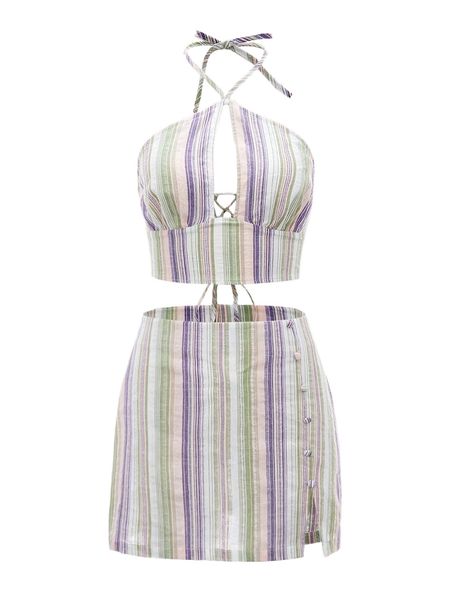 

striped print tie back halter & split hem skirt r7ka#, White