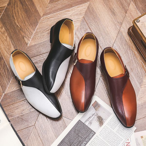 

new monk shoes men shoes pu color matching fashion business casual personality stitching single buckle classic dress shoes cp099, Black