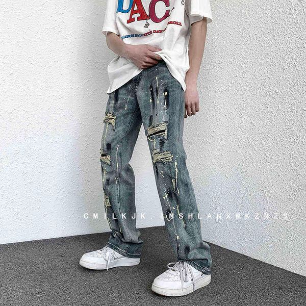 

blue hole jeans men slim fashion casual baggy straight jeans men streetwear loose hip hop ripped denim pants mens trousers -2xl t220726