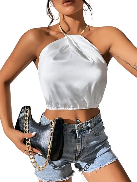 

satin solid backless halter a9rg#, White