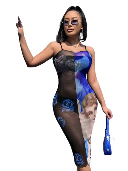 

sxy angel & floral print colorblock cami dress h90s#, Black;gray