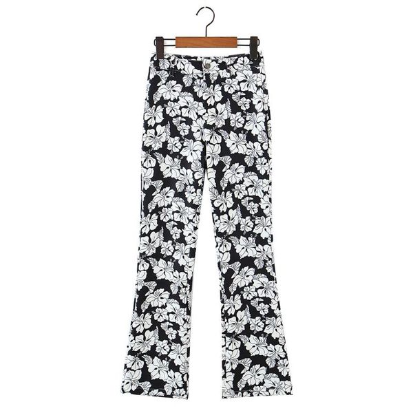 

women's pants & capris fashion women clothing 2022 spring autumn zip up vintage floral print street style high waist long flare trouser, Black;white
