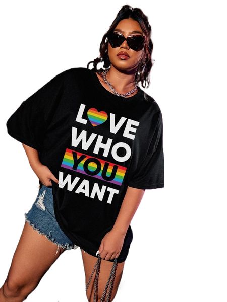 

plus heart & slogan graphic drop shoulder tee v89x#, Black