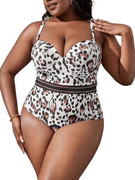 

plus leopard print crisscross back push up one piece swimsuit s53x#, White;black