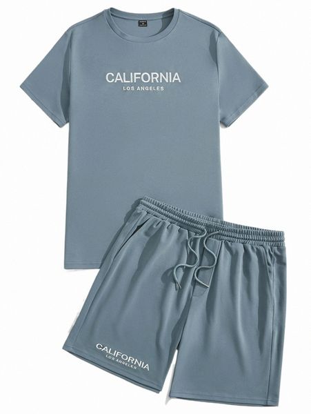 

men letter graphic tee & drawstring shorts 19zm#, Gray