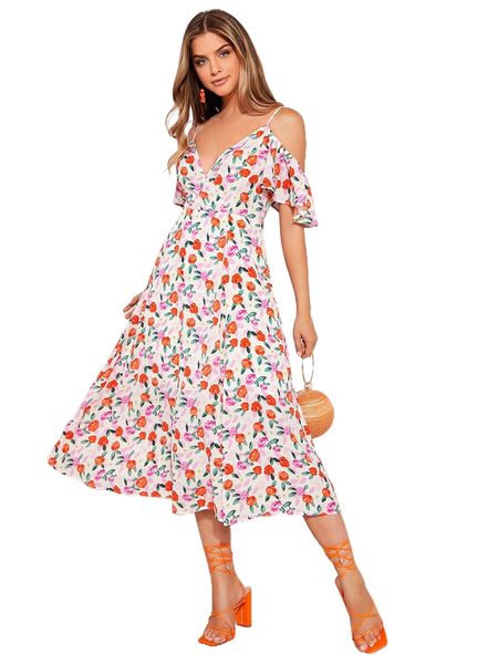 

floral print cold shoulder dress g1bx#, Black;gray