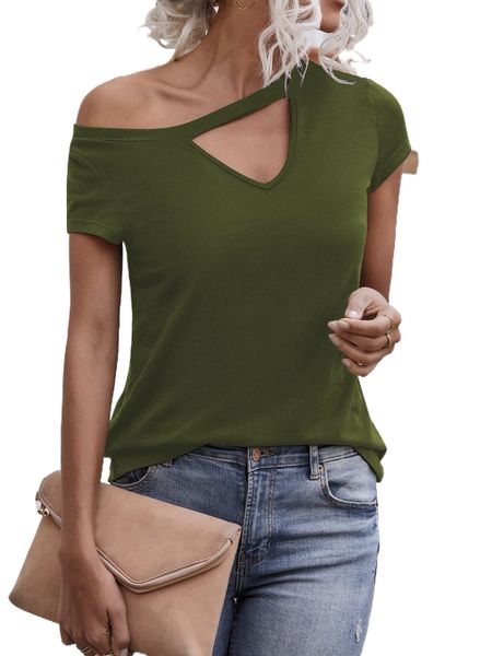 

solid cut out asymmetrical neck tee v4h9#, White