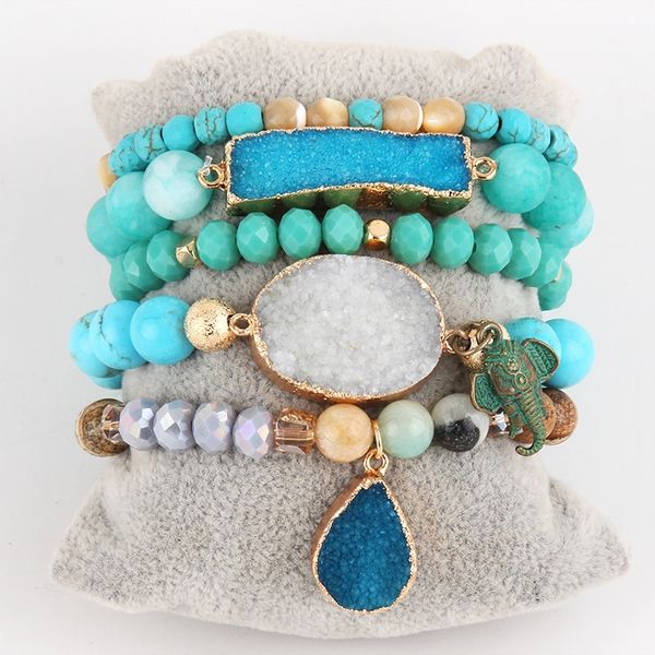 

rh new designer boho beaded bracelet natural stone & druzy 5pc bracelets bangles set for fashion jewelry, Golden;silver