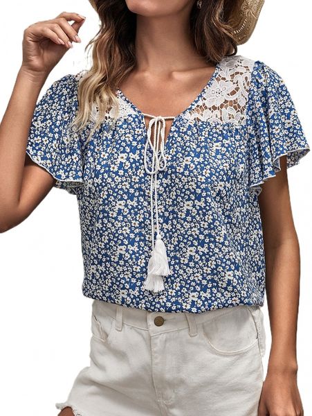 

ditsy floral contrast lace tie neck blouse a5u1#, White