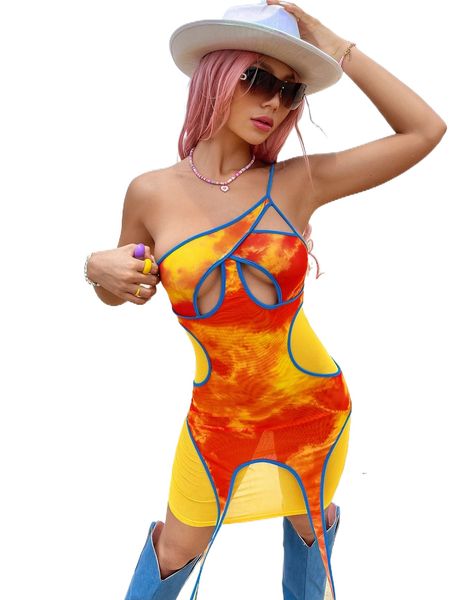 

tie dye cut out one shoulder bodycon dress w1py#, Black;gray