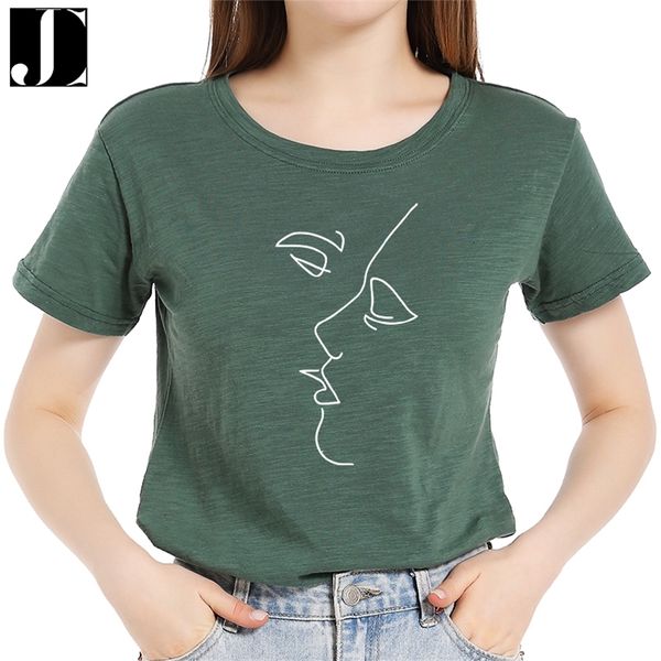 

women casual summer t-shirt fashion 100% cotton daily short sleeve kiss line print female regular graphic t shirt o-neck tee 220511, White