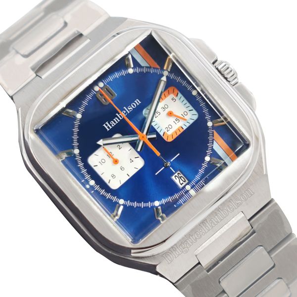 

mens square watch bay japan vk chronograph quartz movement blue face orange hands metal strap 39mm wristwatch, Slivery;brown