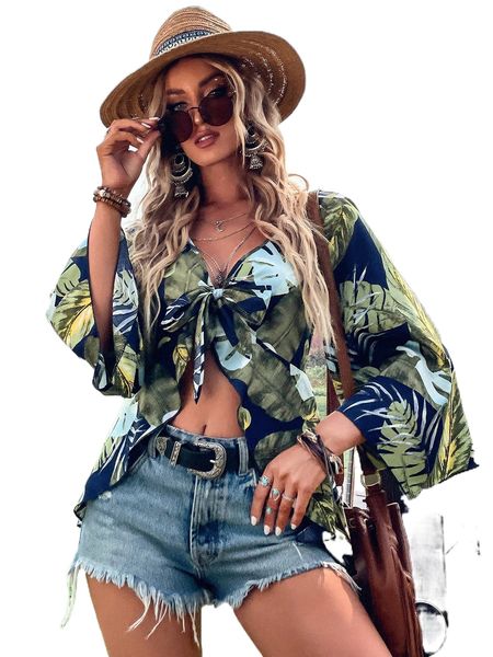 

tropical print knot front blouse w9qt#, White