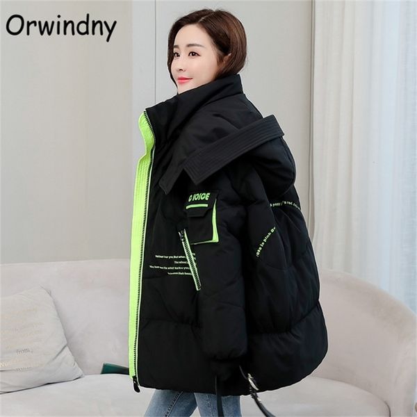 

orwindny women winter jackets plus size 5xl female coat snow wear outwear hooded warm parka letter cotton padded clothing ladies 201214, Black