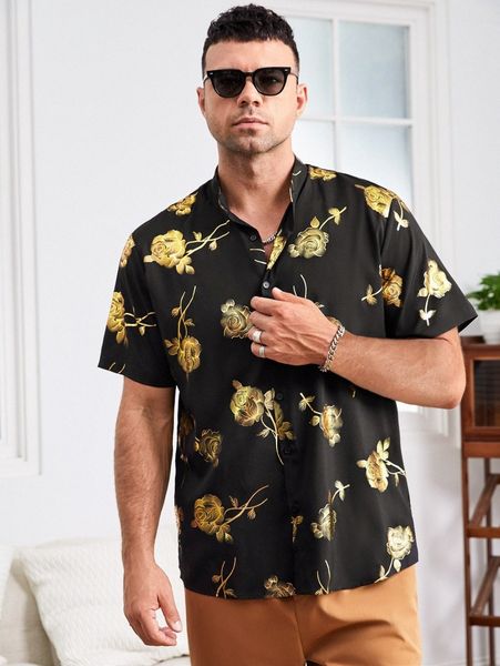 

extended sizes men random floral print shirt d1dw#, White;black