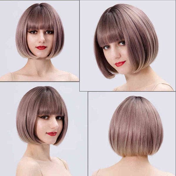 

short bob straight synthetic wigs with bangs for women natural ombre brown pink heat resistant cosplay party daily hair 220622, Black