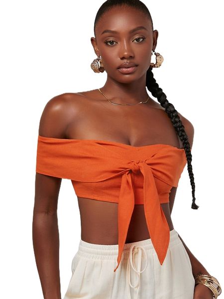 

off shoulder tie front knot crop bardot blouse a1ek#, White