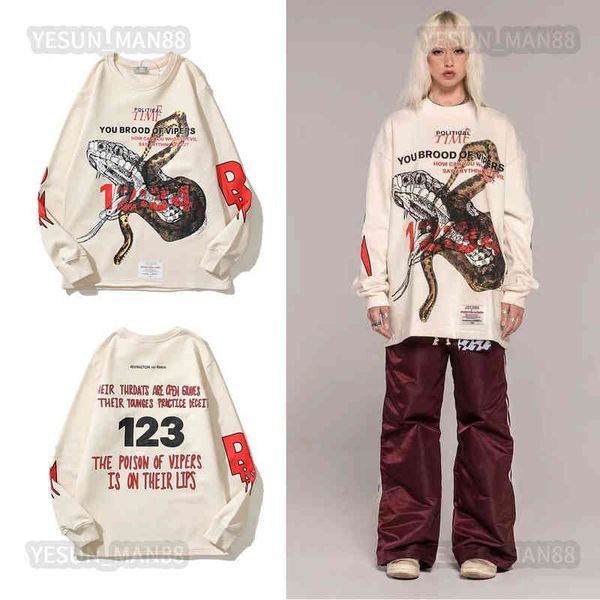 

designer kanyes classic wests t shirt sketch viper washed vintage embroidery printed high street mens and womens long sleeve thin sweater, White;black