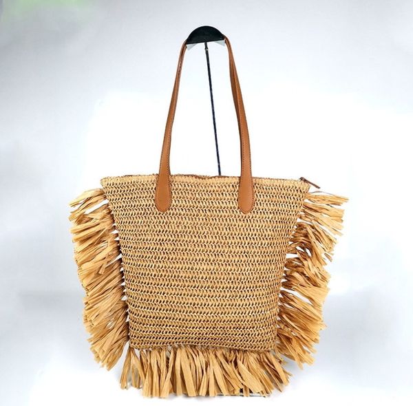 Bolsa de palha casual com borla de papel de papel tecida Mulheres Bolsas de ombro feitas à mão Bolsas de senhora Behomian Summer Beach Bag grande bolsas