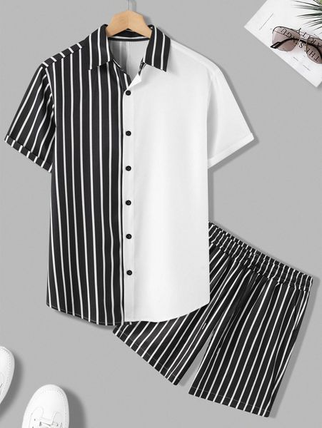 

men random vertical striped shirt & shorts b5ow#, Gray