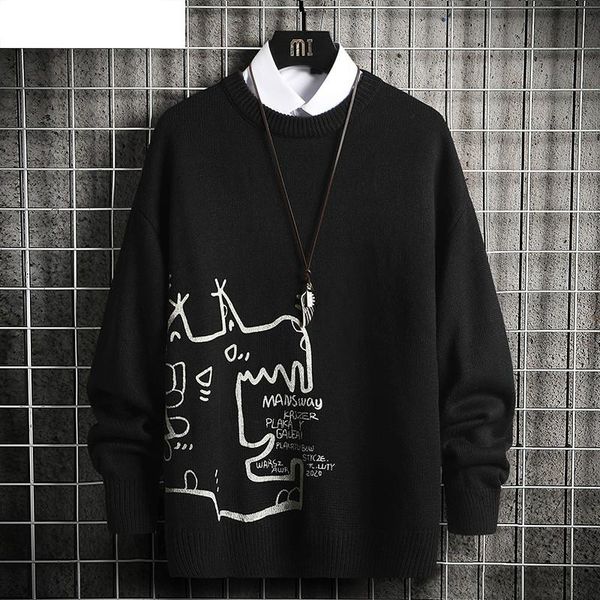 Männer Pullover Herren Gestrickte Pullover Männer 2022 Winter Anime Gedruckt Jumper Übergroßen Koreanischen Stil Pullover Weiß MenMen's