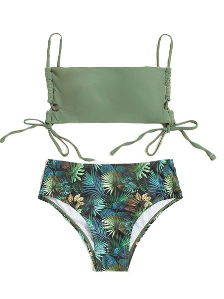 

plant print lace side bikini swimsuit k2is#, White;black