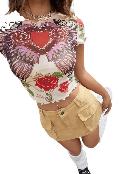 

floral print lettuce trim mesh k7ba#, White