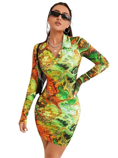 

allover print collared bodycon dress b3if#, Black;gray