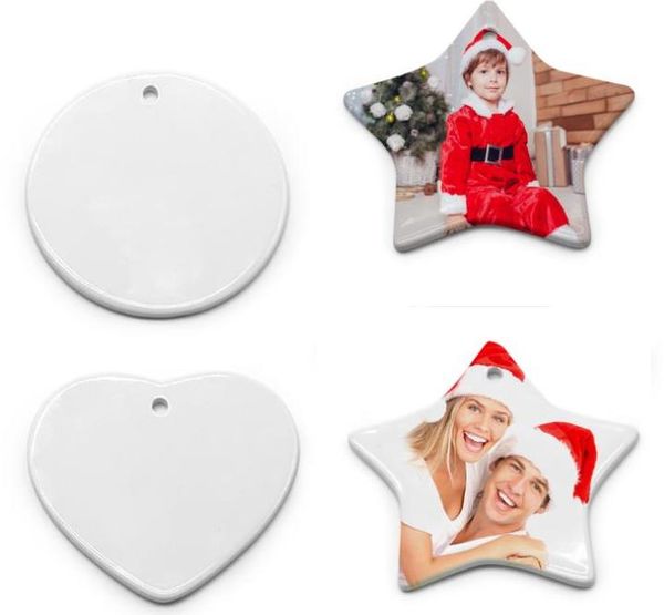 Sublimação de Natal em branco Ornamento Cerâmica branca Cerâmica 3 polegada redonda Coração de estrela pingente de porcelana com barbante de ouro para espaços em branco do Natal SN4377