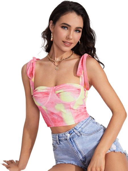 

tie dye ruched knot shoulder bustier crop cami 60im#, White