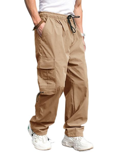 

men flap pocket side drawstring waist cargo pants m6o3#, Black