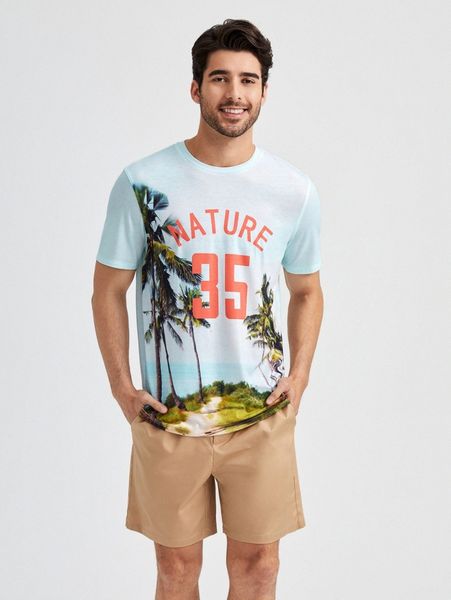 

men letter & tropical print tee & shorts set y3hk#, Gray