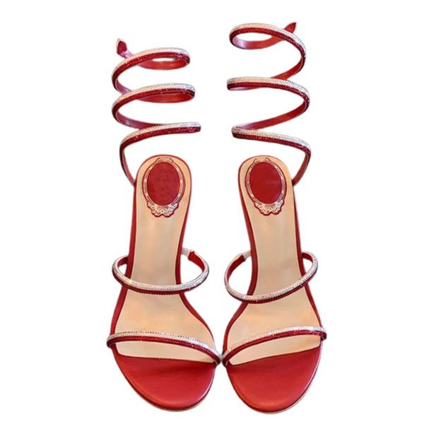 

Designer Sandals Women's Heels Rope Fashion Rhinestone Slides Open Toe Sexy Stilettos Women's Leather Luxury Banquet Shoes Sizes 35-43, Red