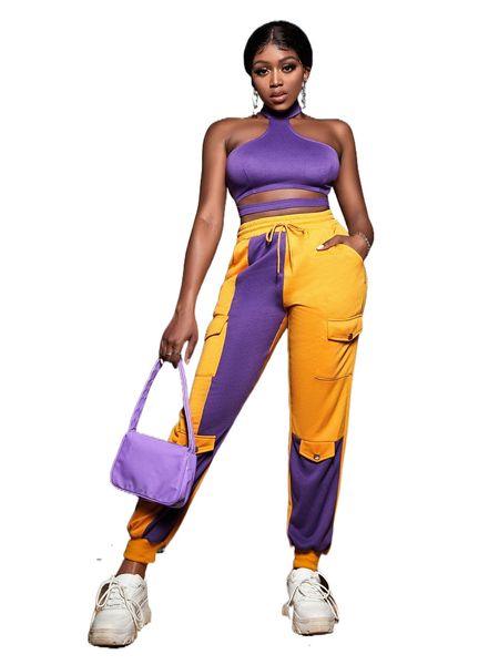 

sxy backless halter & two tone flap pocket sweatpants b2wh#, White