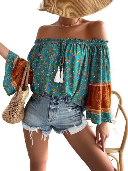 

allover floral print off the shoulder tassel tie front blouse v8np#, White